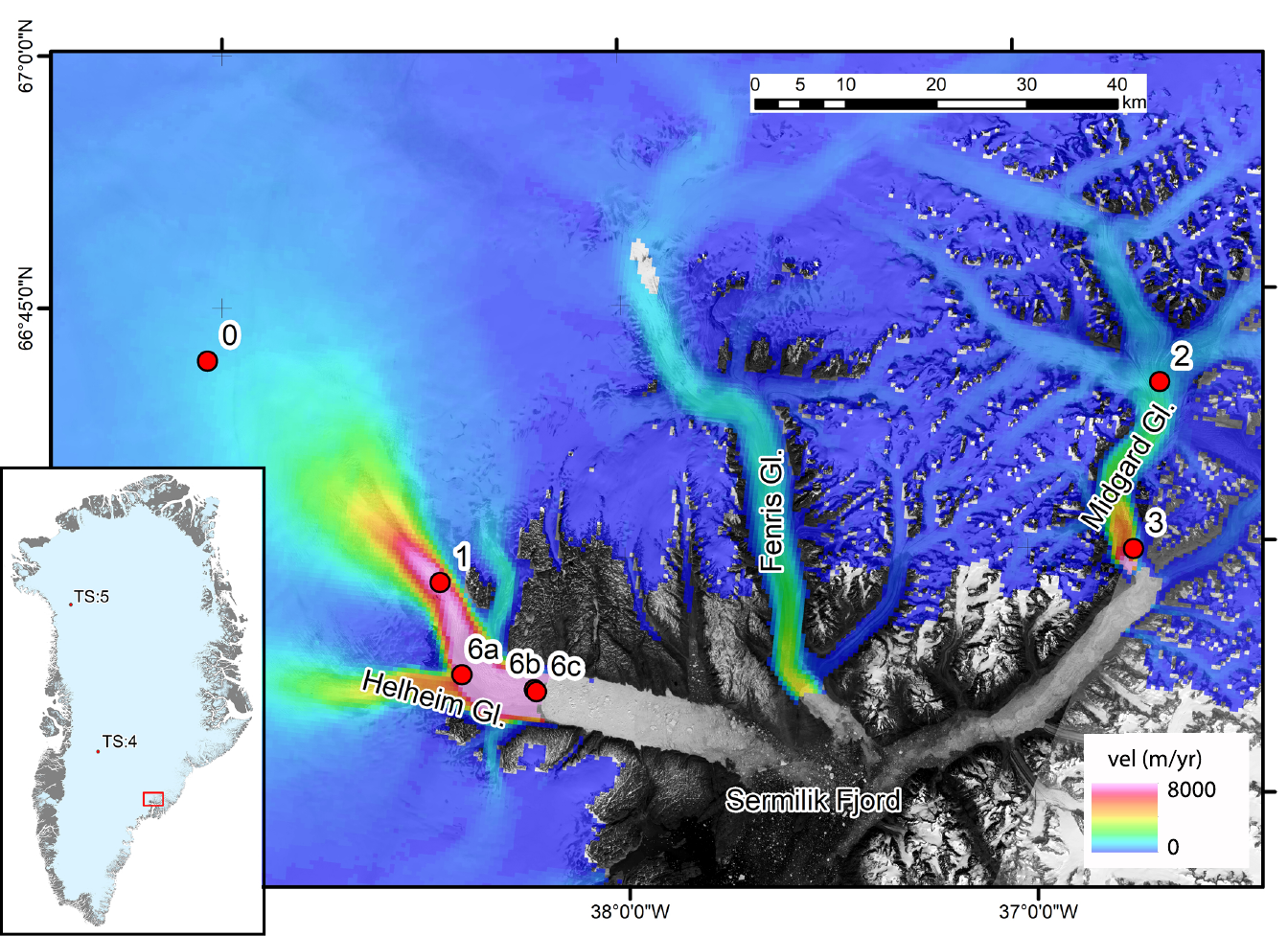 Ice velocity map of Helheim, Fenris, and Midgard glaciers in east Greenland
